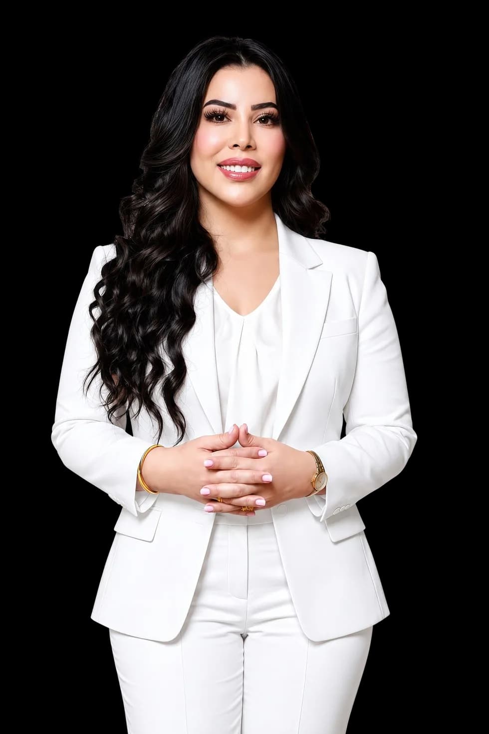 Master Nawal Essalih, experte en maquillage permanent, en tailleur blanc