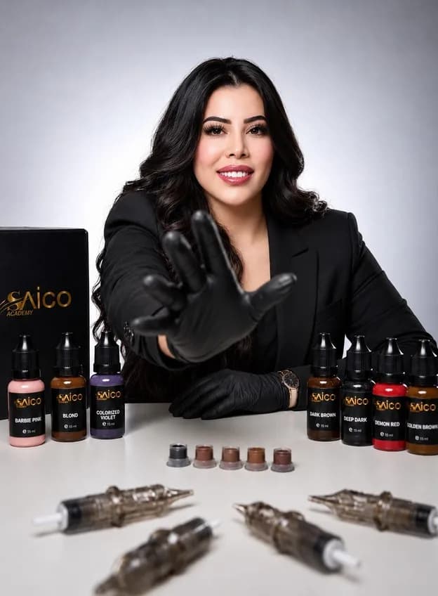 Master Nawal Essalih à sa table de travail, gants noirs, entourée de pigments et de cartouches d'aiguilles